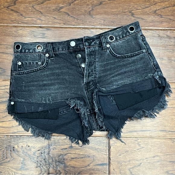 Free People Revolve Sashed & Relaxed Black Grommet Distress Cutoff Denim Shorts - Picture 3 of 9